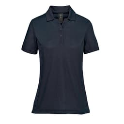 A dark navy women's polo shirt with a collared neck and short sleeves. It features buttons and a logo.