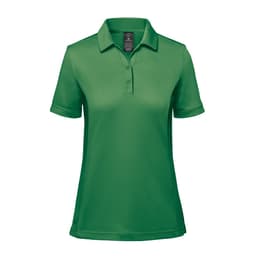 A green women's polo shirt with a collar and short sleeves, featuring a logo on the chest.