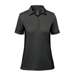 A women's short-sleeve polo shirt in black with a collar and a branding logo.