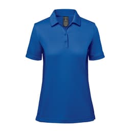 A blue women's polo shirt with a collared neckline and short sleeves, featuring a logo.