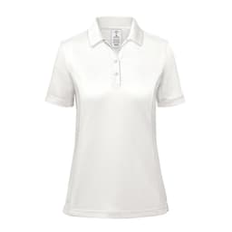 A white women's polo shirt with a collar and short sleeves, featuring a branded logo.