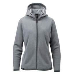 A women's grey fleece hoody with a zip front, hood, and long sleeves, featuring a branding logo.