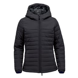 A women's black quilted hoody featuring a zip front and hood, designed with a quilted texture and fitted silhouette.