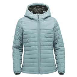 A women's quilted hoody in a soft blue colour, featuring a hood and zip closure. It has a subtle logo on the design.