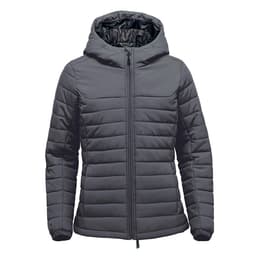 A grey women's quilted hooded jumper featuring a zip front and a logo.