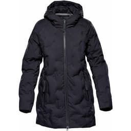 A black women's parka jacket featuring a hood, zip closure, and multiple pockets. It has a puffer design and a logo.