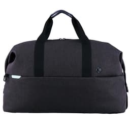 A dark grey duffle bag with dual black handles and a logo on the front.