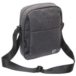 A grey shoulder bag with a sleek design, featuring an adjustable strap and a front pocket. It has a logo on the side.