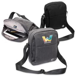 A grey shoulder bag with a logo, featuring one main compartment and an adjustable strap.