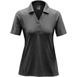 A women's polo shirt in heathered dark grey, featuring a collar and short sleeves. Includes a logo.