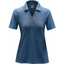 A women's polo shirt in a heathered blue colour, featuring a collar and short sleeves. It has a logo on the chest.