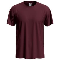 A maroon men's classic T-shirt with a round neck and short sleeves, featuring a small logo on the label.