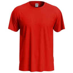A red men's classic T-shirt featuring a crew neck and short sleeves, with a logo on the label.