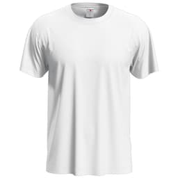 A white classic T-shirt with a round neck and short sleeves, featuring a logo on the tag inside.