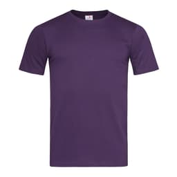 A purple fitted T-shirt featuring short sleeves and a logo on the label.