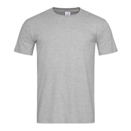 A grey fitted t-shirt with short sleeves and a label at the neckline. It has a logo on the front.