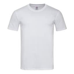 A white fitted T-shirt with short sleeves, featuring a logo on the label. Perfect for casual wear.