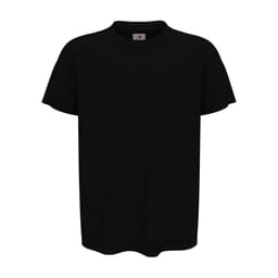 A black organic crew neck T-shirt with short sleeves, featuring a branding label.