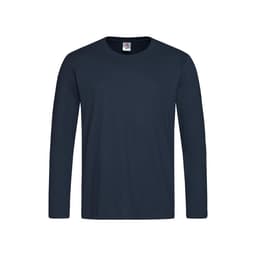 A navy long sleeve T-shirt with a round neck and a logo on the label.
