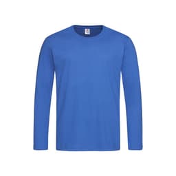 A blue long-sleeve t-shirt with a round neckline and a logo on the label.