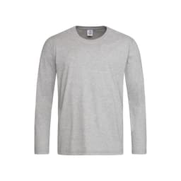 A light grey long sleeve T-shirt with a round neck and a logo on the label.