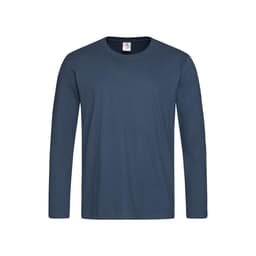 A navy blue long sleeve T-shirt featuring a classic design and a tag inside. It includes a logo on the collar.