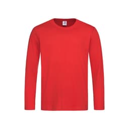 A red long sleeve T-shirt with a crew neckline and a tag inside. Features a logo on the upper inner neck.