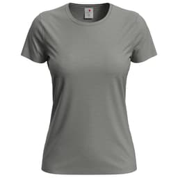 A women's classic T-shirt in a muted green colour, featuring a round neckline and short sleeves. It has a small logo.