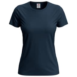 A women's classic T-shirt in dark navy blue, featuring a round neckline and short sleeves with a logo.