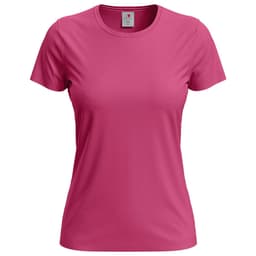 A pink women's classic T-shirt with a round neckline and short sleeves, featuring a logo.