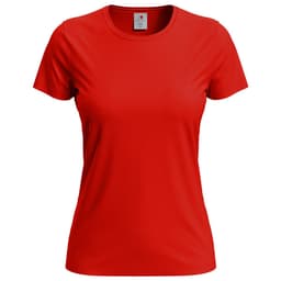 A red women's classic T-shirt with short sleeves and a plain design. It features a logo on the inside label.