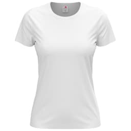 A white women's classic t-shirt with short sleeves and a round neckline, featuring a logo.