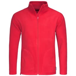 A red men's active fleece jacket with a zip front and two side pockets, featuring a logo on the hem.