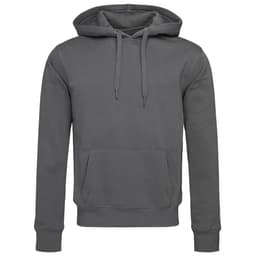 A grey men's active sweat hoody featuring a front pocket and a drawstring hood, with a logo on the front.