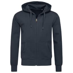 A men's active sweatjacket in dark grey with a zip front and hood, featuring a logo on the chest.
