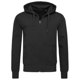A black men's active sweatjacket with a hood, front zip, and two pockets. It features a logo on the left side.
