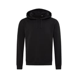 A black unisex sweat hoodie featuring a front pocket and drawstring hood. It has a simple, modern design and includes a logo.
