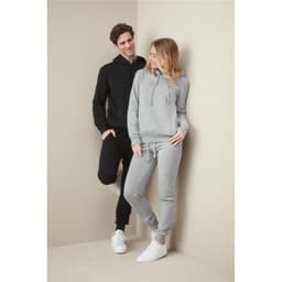 A black unisex hoodie and a grey unisex hoodie are displayed on models in a neutral setting. Each hoodie has a logo.