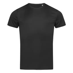 A black men's active sports T-shirt with a crew neck and short sleeves. Features a logo on the front.