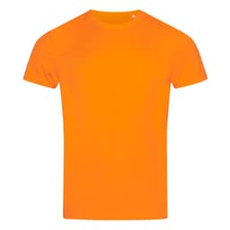 A bright orange T-shirt with a crew neckline, featuring a logo on the front. Suitable for active wear.