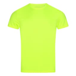 A bright yellow men's active sports T-shirt with short sleeves and a crew neck design, featuring a logo.