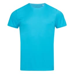 A vibrant turquoise men's active t-shirt featuring a classic crew neck design and short sleeves. It has a logo.