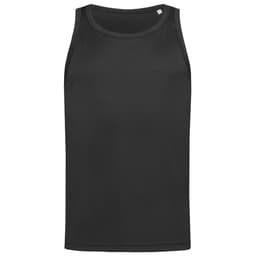 A black men's active sports top without sleeves, featuring a simple design and a logo on the upper side.