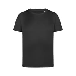A black kids' T-shirt with a classic crew neckline and short sleeves. It features a logo on the front.