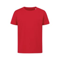 A bright red kids' T-shirt featuring a simple design and a logo on the front. Suitable for sports activities.