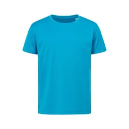 A bright turquoise t-shirt featuring a simple design and a logo on the front.