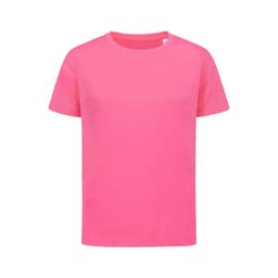 A bright pink T-shirt with short sleeves and a round neckline. The shirt features a logo.