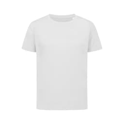 A plain white T-shirt with short sleeves, featuring a logo on the front. Suitable for kids' sportswear.