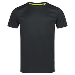 A dark green crew neck t-shirt with short sleeves, featuring a contrasting interior neckline and a logo.