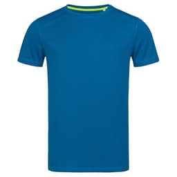 A blue crew neck t-shirt with short sleeves, featuring a branded label. Suitable for active wear.